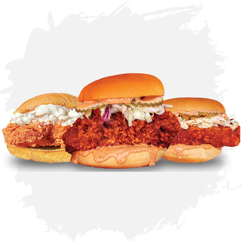 The Red Chickz hot chicken sandwiches stacked on toasted potato buns