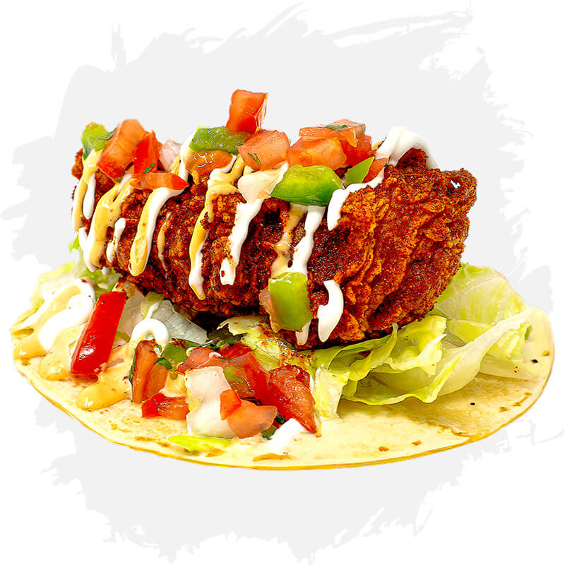 Hot chicken tacos — hand-held, two-bite portions for sampling a few heat levels at once