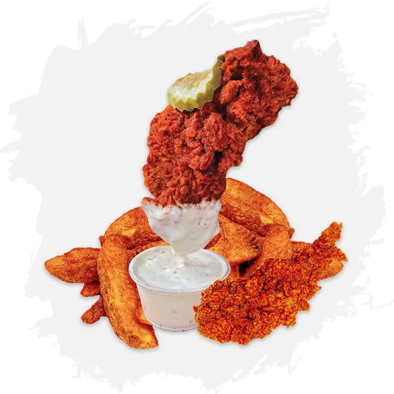 The Red Chickz signature Nashville hot chicken tenders, fire-lacquered in red spice, plated with ranch and seasoned wedges